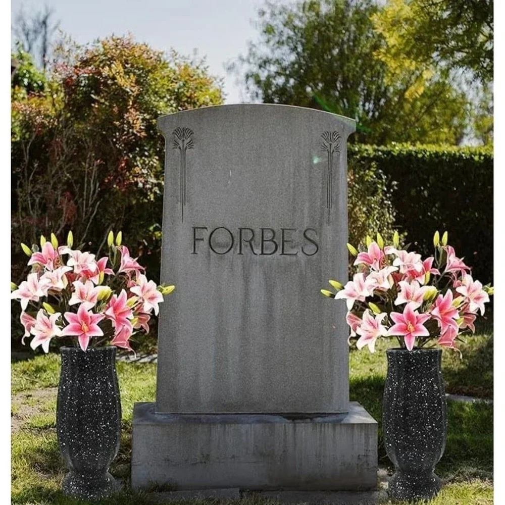 Set of 2 Black Granite Style Plastic Cemetery Vases with Metal Ground Spikes for